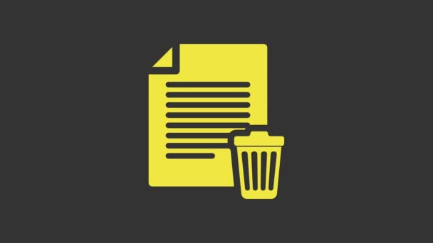 Ikona dokumentu žlutého odstranění izolovaného na šedém pozadí. Papírový list se značkou recyklace. Ikona odmítnutého dokumentu. Kříž na papír. Grafická animace pohybu videa 4K - Záběry, video