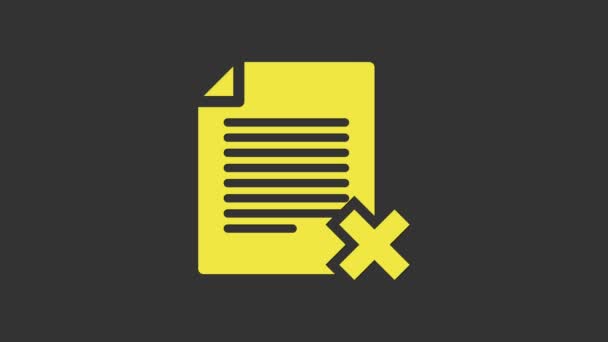 Иконка "Yellow Delete file document" изолирована на сером фоне. Отвергнутый значок документа. Крест на бумаге. Видеографическая анимация 4K - Кадры, видео