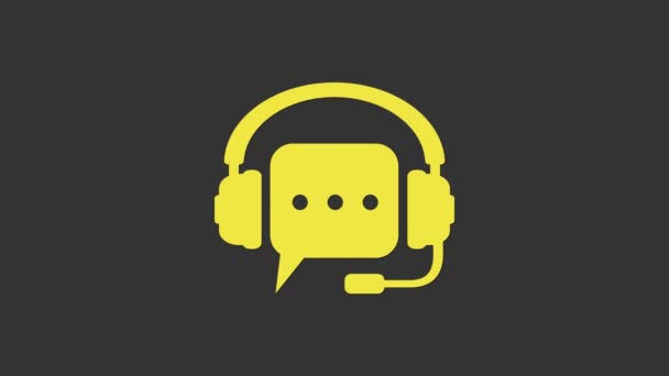 Cuffie gialle con icona a bolla vocale isolata su sfondo grigio. Assistenza clienti, hotline, call center, linee guida, manutenzione. Animazione grafica 4K Video motion - Filmati, video