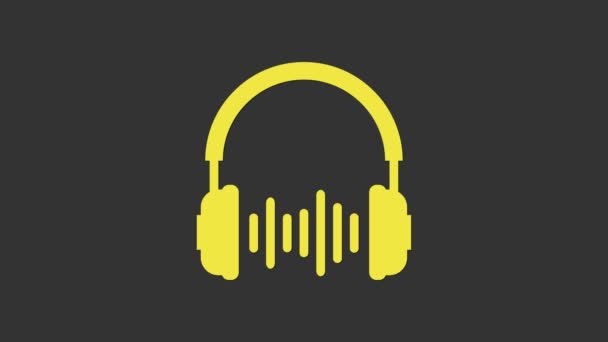 Auriculares amarillos e ícono de ondas sonoras aislados sobre fondo gris. Objeto conceptual para escuchar música, servicio, comunicación y operador. Animación gráfica de vídeo 4K - Imágenes, Vídeo