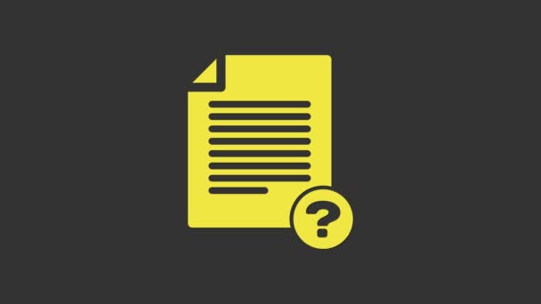 Yellow Unknown document icon isolated on grey background. File with Question mark. Hold report, service and global search sign. 4K Video motion graphic animation - Footage, Video