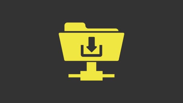 Icona di download cartella FTP gialla isolata su sfondo grigio. Aggiornamento software, protocollo di trasferimento, router, gestione degli strumenti di lavoro di squadra, processo di copia. Animazione grafica 4K Video motion - Filmati, video
