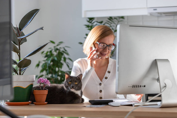 Woman talking on the phone, using calculator to calculate the invoice, planning expenses while working on desktop from home office, cat sitting on the table surrounded by plants. Business from home - Photo, Image