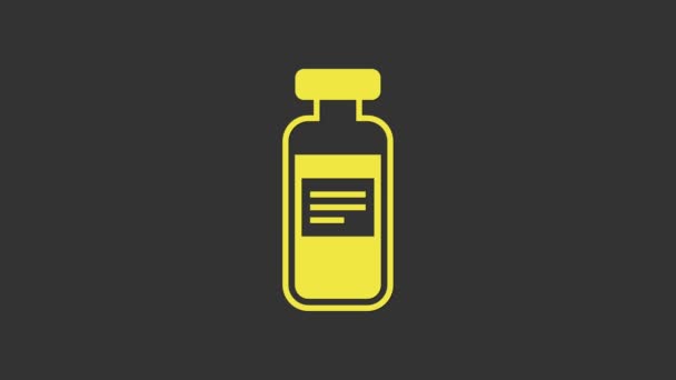 Žlutá injekční lahvička, ampulka, ikona lahvičky izolovaná na šedém pozadí. Očkování, injekce, koncepce vakcinační zdravotní péče. Grafická animace pohybu videa 4K - Záběry, video
