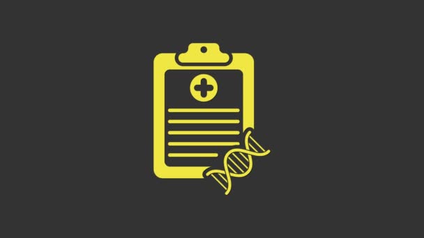 Presse-papiers jaune avec icône d'analyse ADN isolée sur fond gris. Génie génétique, tests génétiques, clonage, tests de paternité. Animation graphique de mouvement vidéo 4K - Séquence, vidéo