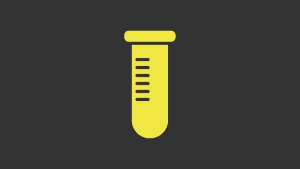 Sárga kémcső vagy lombik - szürke alapon izolált kémiai laboratóriumi vizsgálati ikon. Laboratóriumi, tudományos üvegáru jel. 4K Videó mozgás grafikus animáció - Felvétel, videó