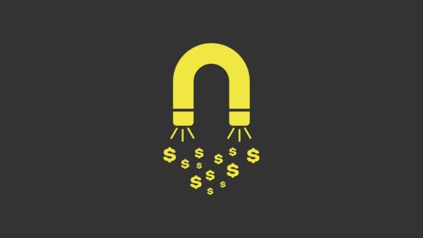 Magnete giallo con icona di denaro isolato su sfondo grigio. Concetto di attrarre investimenti, denaro. Grande attrazione di profitto aziendale e di successo. Animazione grafica 4K Video motion - Filmati, video