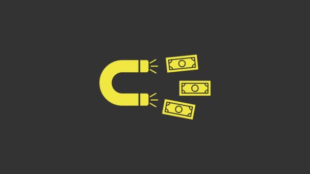 金のアイコンがグレーの背景に隔離された黄色の磁石。投資、お金を誘致する概念。大きなビジネスの魅力と成功。4Kビデオモーショングラフィックアニメーション - 映像、動画