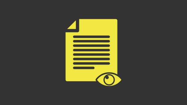 Yellow Paper σελίδα με μάτι σύμβολο εικονίδιο απομονώνονται σε γκρι φόντο. Άνοιγμα υπογραφής αρχείου πληροφοριών. 4K Γραφική κίνηση κίνησης βίντεο - Πλάνα, βίντεο