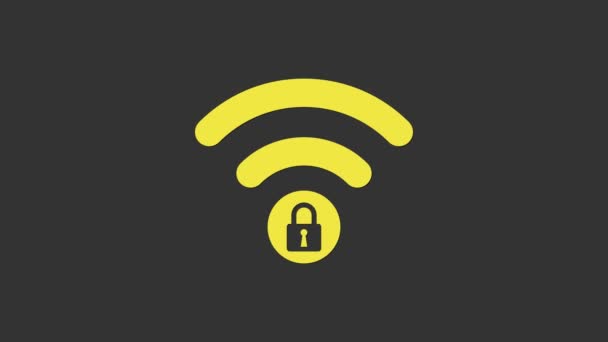 Κίτρινη Wifi κλειδωμένη σύμβολο απομονώνονται σε γκρι φόντο. Κωδικός πρόσβασης Wi-Fi σύμβολο. Εικονίδιο ασύρματου δικτύου. Ζώνη Wi-Fi. 4K Γραφική κίνηση κίνησης βίντεο - Πλάνα, βίντεο
