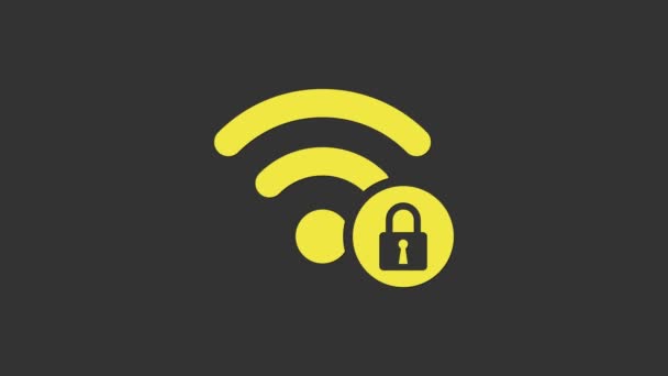 Κίτρινη Wifi κλειδωμένη σύμβολο απομονώνονται σε γκρι φόντο. Κωδικός πρόσβασης Wi-Fi σύμβολο. Εικονίδιο ασύρματου δικτύου. Ζώνη Wi-Fi. 4K Γραφική κίνηση κίνησης βίντεο - Πλάνα, βίντεο