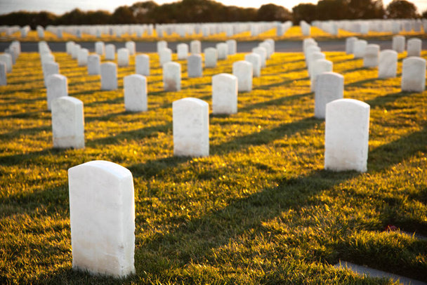 Cimetière de guerre avec rangées de tombes en marbre blanc sur herbe verte au coucher du soleil avec vue sur l'océan. Cimetière d'anciens combattants de la marine. - Photo, image