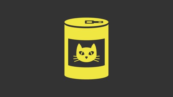 Comida enlatada amarilla para gato icono aislado sobre fondo gris. Comida para animales. Comida para perros para mascotas. Animación gráfica de vídeo 4K - Metraje, vídeo