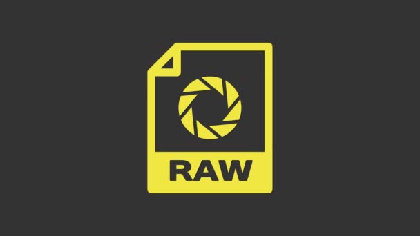 黄色のRAWファイル文書。グレーの背景にある生のボタンアイコンをダウンロードします。RAWファイルのシンボル。4Kビデオモーショングラフィックアニメーション - 映像、動画