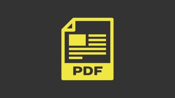Gele PDF bestand document. Download pdf knop pictogram geïsoleerd op grijze achtergrond. PDF bestand symbool. 4K Video motion grafische animatie - Video