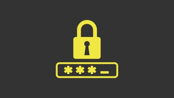 Sárga Jelszó védelem és biztonsági hozzáférés ikon elszigetelt szürke alapon. Rögzítsd az ikont. Biztonság, biztonság, védelem, adatvédelem. 4K Videó mozgás grafikus animáció - Felvétel, videó
