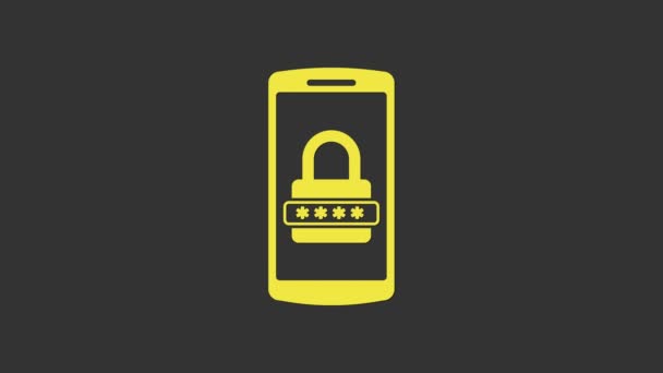 Sárga Mobiltelefon és jelszóvédelem ikon elszigetelt szürke háttér. Biztonság, biztonság, személyes hozzáférés, felhasználói engedély, magánélet. 4K Videó mozgás grafikus animáció - Felvétel, videó