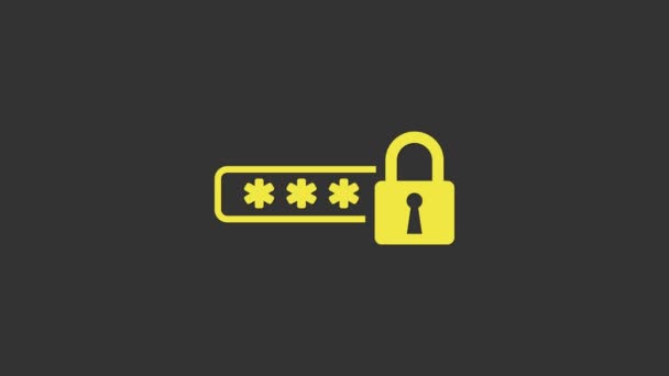 Keltainen salasanasuojaus ja turvallisuus pääsy kuvake eristetty harmaalla taustalla. Lukitse kuvake. Turvallisuus, turvallisuus, suojelu, yksityisyyden käsite. 4K Video motion graafinen animaatio - Materiaali, video