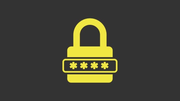 Icône de protection et d'accès au mot de passe jaune isolée sur fond gris. icône de verrouillage. Sécurité, sûreté, protection, concept de vie privée. Animation graphique de mouvement vidéo 4K - Séquence, vidéo