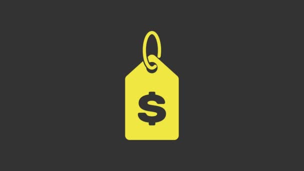 Gelbes Preisschild mit Dollar-Symbol auf grauem Hintergrund. Abzeichen für Preis. Verkauf mit Dollarsymbol. Promotag Rabatt. 4K Video Motion Grafik Animation - Filmmaterial, Video