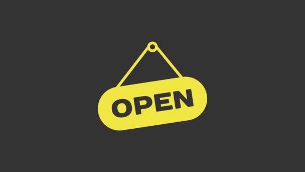 Signo colgante amarillo con texto Icono de puerta abierta aislado sobre fondo gris. Animación gráfica de vídeo 4K - Metraje, vídeo