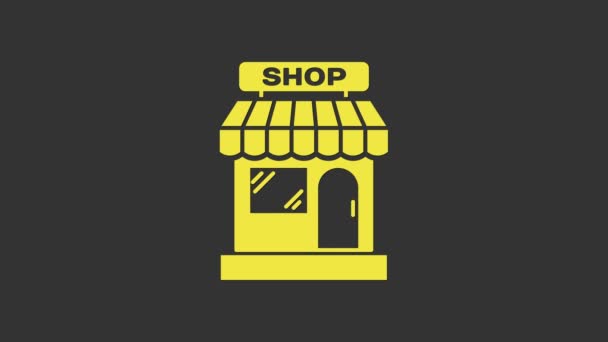 Geel Winkelgebouw of winkel pictogram geïsoleerd op grijze achtergrond. Winkel bouw. 4K Video motion grafische animatie - Video