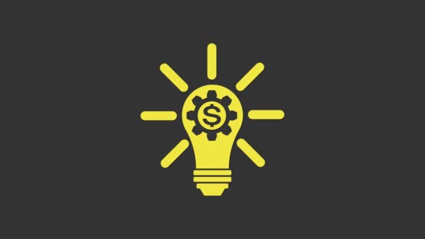 Bombilla amarilla con engranaje interior y símbolo del dólar icono aislado sobre fondo gris. Concepto de innovación Fintech. Animación gráfica de vídeo 4K - Imágenes, Vídeo