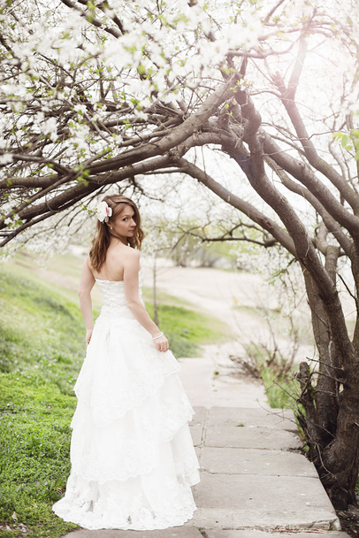 Beautiful bride in spring blossom - Фото, зображення