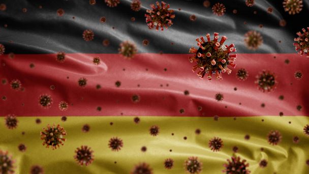 Duitse vlag zwaaien met het Coronavirus uitbraak infecteren ademhalingsstelsel als gevaarlijke griep. Influenza type Covid 19 virus met nationale Duitsland spandoek waait op de achtergrond. Pandemisch risicoconcept - Foto, afbeelding