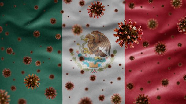 Die mexikanische Flagge weht, der Ausbruch des Coronavirus infiziert die Atemwege als gefährliche Grippe. Influenza-Virus vom Typ Covid 19, im Hintergrund weht die Nationalfahne Mexikos. Pandemierisikokonzept - Foto, Bild