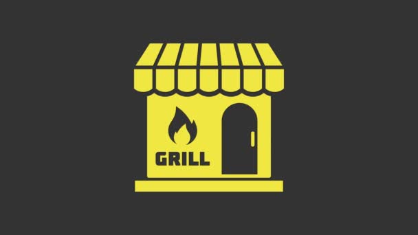 Gelbes Barbecue-Einkaufsgebäude oder Marktladen-Symbol isoliert auf grauem Hintergrund. Grillparty. Ladenbau. 4K Video Motion Grafik Animation - Filmmaterial, Video