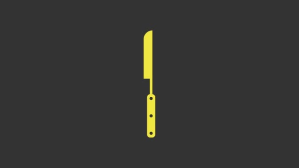 Icono de cuchillo de barbacoa amarillo aislado sobre fondo gris. Icono cuchillo de cocina. Cartel de cuchillo de barbacoa. Barbacoa y parrilla. Animación gráfica de vídeo 4K - Metraje, vídeo