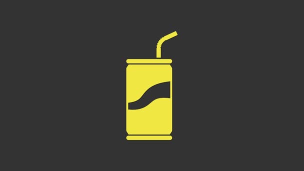 Canette de soda jaune avec icône de paille à boire isolée sur fond gris. Animation graphique de mouvement vidéo 4K - Séquence, vidéo