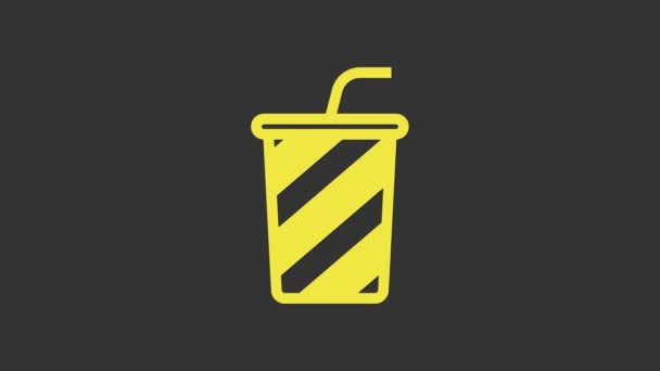 Vidrio amarillo con icono de agua aislado sobre fondo gris. Un vaso de refresco con paja para beber. Símbolo de bebida fría fresca. Animación gráfica de vídeo 4K - Metraje, vídeo