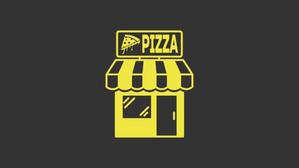 Žlutá Pizzerie budova fasády ikona izolované na šedém pozadí. Pizzerie rychlého občerstvení. Grafická animace pohybu videa 4K - Záběry, video