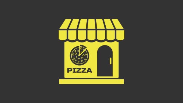 Sárga Pizzéria épület homlokzat ikon elszigetelt szürke alapon. Gyorsétterem pizzéria kioszk. 4K Videó mozgás grafikus animáció - Felvétel, videó