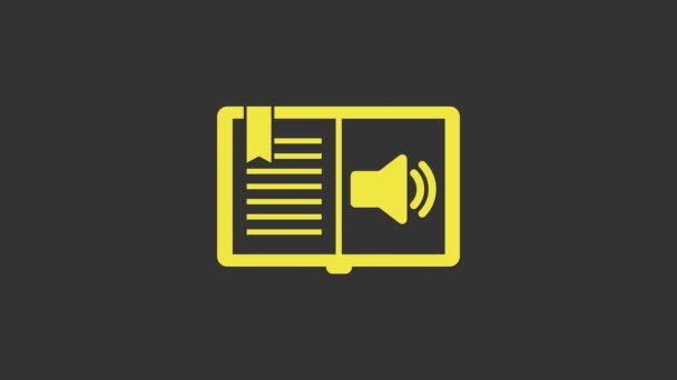 Icono de Audio Libro Amarillo aislado sobre fondo gris. Signo de audio guía. Concepto de aprendizaje en línea. Animación gráfica de vídeo 4K - Metraje, vídeo