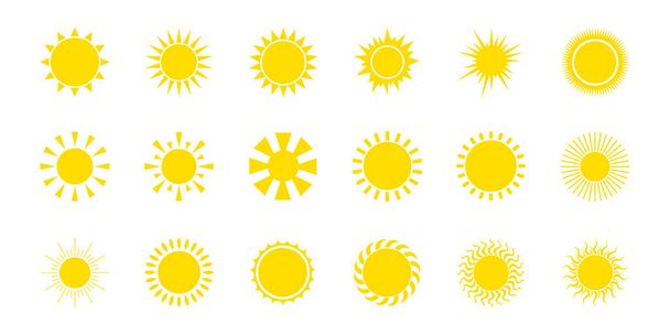 Sol icono conjunto. Icono de sol amarillo colocado aislado sobre fondo blanco. Para el verano. Elementos para el diseño. Ilustración vectorial. - Vector, Imagen