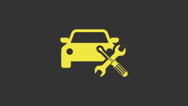 Carro amarelo com chave de fenda e ícone de chave de fenda isolado no fundo cinza. Ajuste, serviço, configuração, manutenção, reparação, fixação. Animação gráfica em movimento de vídeo 4K - Filmagem, Vídeo
