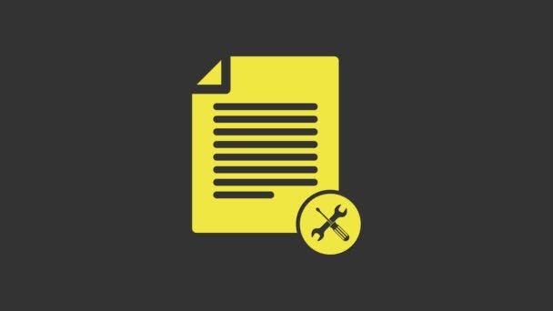 Yellow File document met schroevendraaier en moersleutel pictogram geïsoleerd op grijze achtergrond. Aanpassen, service, instelling, onderhoud, reparatie, vaststelling. 4K Video motion grafische animatie - Video
