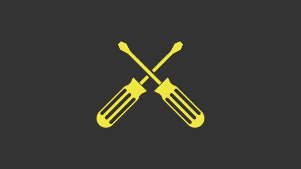 Cacciaviti incrociati gialli icona isolata su sfondo grigio. Simbolo strumento di servizio. Animazione grafica 4K Video motion - Filmati, video