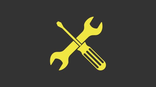 Cacciavite incrociato giallo e chiave utensili icona isolata su sfondo grigio. Simbolo strumento di servizio. Animazione grafica 4K Video motion - Filmati, video
