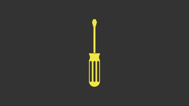 Icona gialla del cacciavite isolata su sfondo grigio. Simbolo strumento di servizio. Animazione grafica 4K Video motion - Filmati, video