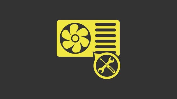 Žlutý klimatizátor se šroubovákem a ikonou klíče izolovaný na šedém pozadí. Nastavení, servis, nastavení, údržba, opravy, opravy. Grafická animace pohybu videa 4K - Záběry, video