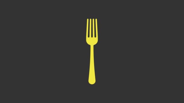Icono de tenedor amarillo aislado sobre fondo gris. Símbolo de cubertería. Animación gráfica de vídeo 4K - Metraje, vídeo
