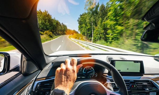 hands of car driver on steering wheel, road trip, driving on highway road - Fotoğraf, Görsel