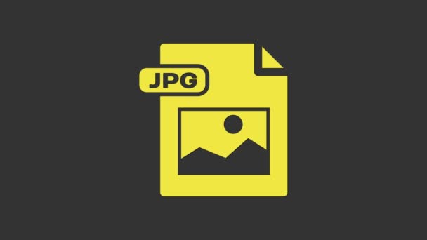 Documento de arquivo JPG amarelo. Baixar ícone de botão de imagem isolado no fundo cinza. Símbolo de ficheiro JPG. Animação gráfica em movimento de vídeo 4K - Filmagem, Vídeo