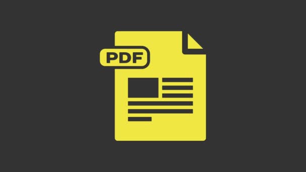 黄色のPDFファイル文書。灰色の背景に隔離されたPDFボタンアイコンをダウンロードします。PDFファイルのシンボル。4Kビデオモーショングラフィックアニメーション - 映像、動画