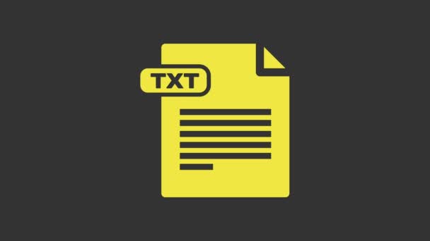 黄色のTXTファイル文書。灰色の背景に隔離されたテキストボタンアイコンをダウンロードします。テキストファイル拡張子記号。4Kビデオモーショングラフィックアニメーション - 映像、動画