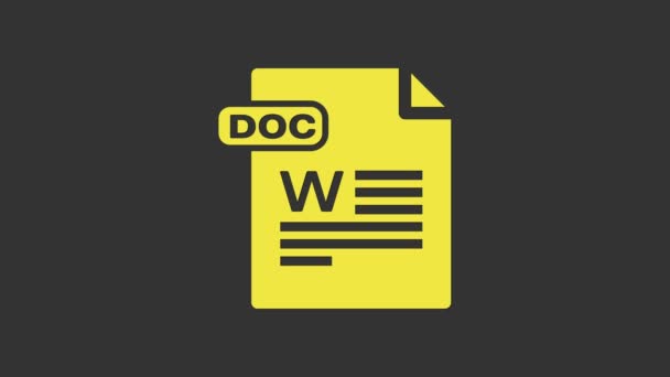 黄色のDOCファイル文書。灰色の背景に隔離されたドキュメントボタンアイコンをダウンロードします。DOCファイル拡張子記号。4Kビデオモーショングラフィックアニメーション - 映像、動画